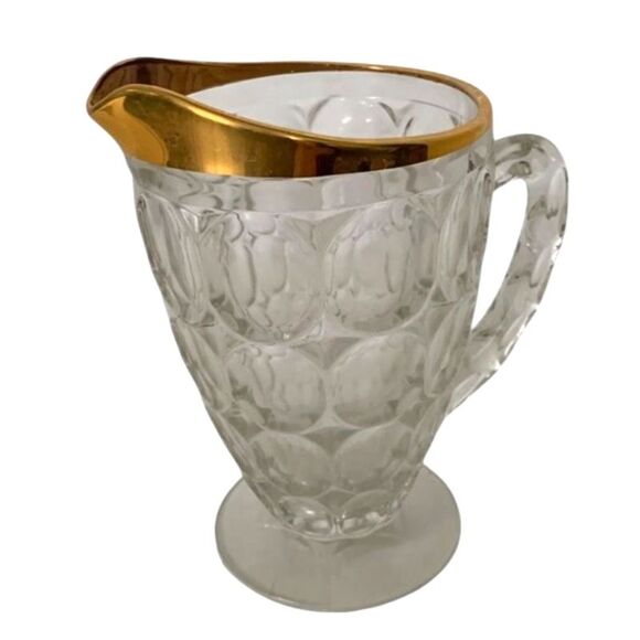 Vintage MCM Jeanette Gold Rim Thumbprint Glass Water Pitcher - Picture 1 of 10